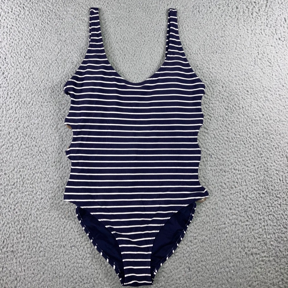 One Piece Swimsuit Women 8 Navy Blue White Striped Ribbed Cutout Coastal Classic